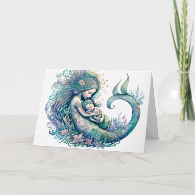 Sjöjungfru med bebis Vattenfärg Ny baby Shower Kort (Framsida)