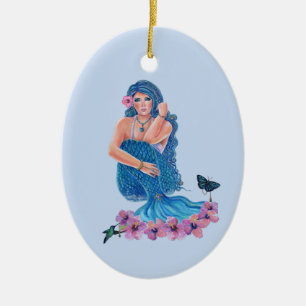sjöjungfru med blommor och hummingbird art by Rene Julgransprydnad Keramik