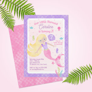 Sjöjungfru med Blonde Hair Rosa Lila Cute Birthday Inbjudningar