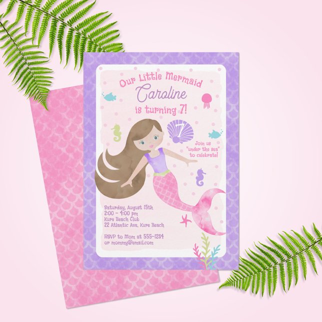 Sjöjungfru med Brown Hair Rosa Lila Birthday Inbjudningar (Skapare uppladdad)