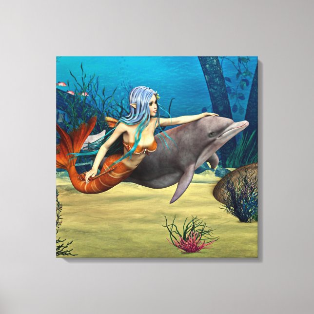 Sjöjungfru med delfin canvastryck (Framsida)