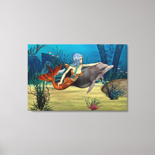 Sjöjungfru med delfin canvastryck (Framsida)