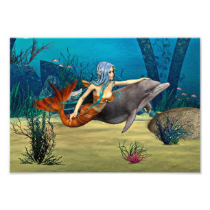 Sjöjungfru med delfin fototryck