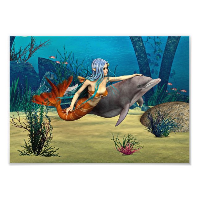 Sjöjungfru med delfin fototryck (Framsidan)
