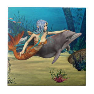 Sjöjungfru med delfin kakelplatta