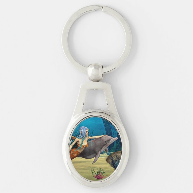 Sjöjungfru med delfin ovalt silverfärgad nyckelring (Framsidan)