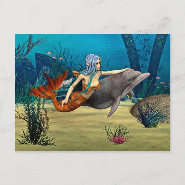Sjöjungfru med delfin vykort (Framsida)