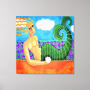 Sjöjungfru med Digital Painting av Sea Snäcka Abst Canvastryck