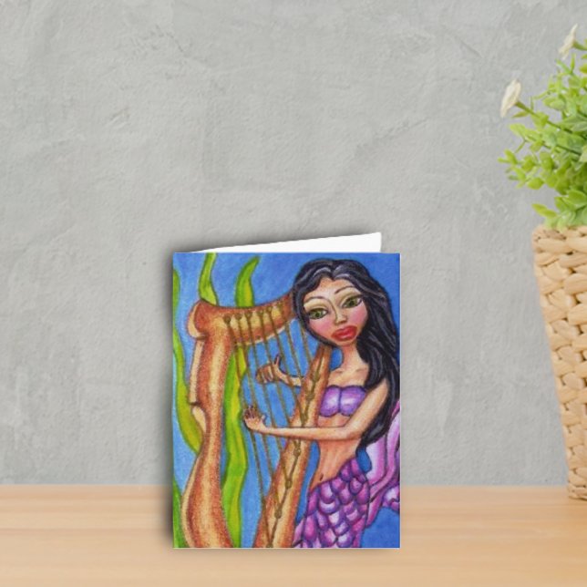 Sjöjungfru Med Harpa Notkort Kort (Mermaid purple tail playing harp in seaweed on ocean blue notecards.)