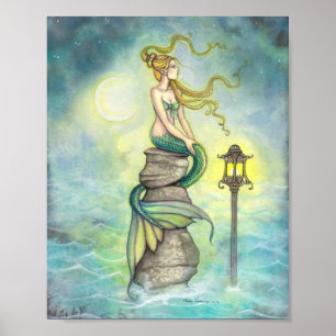 Sjöjungfru med Måne och Lantern Fantasy Art Poster