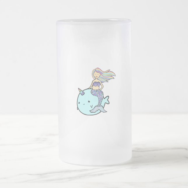 Sjöjungfru med Rainbow Hair Riding Pet Narwal Frostat Ölglas (Center)