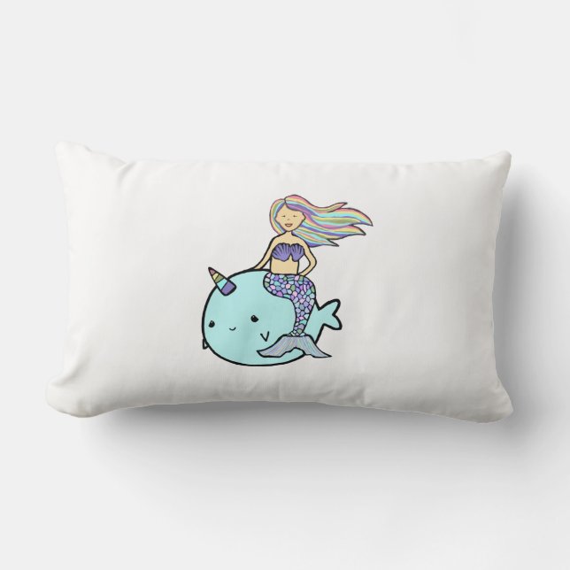 Sjöjungfru med Rainbow Hair Riding Pet Narwal Lumbarkudde (Framsida)