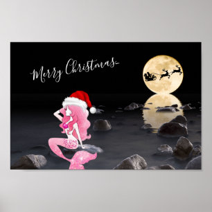 Sjöjungfru med Santa och Sleigh God jul Poster