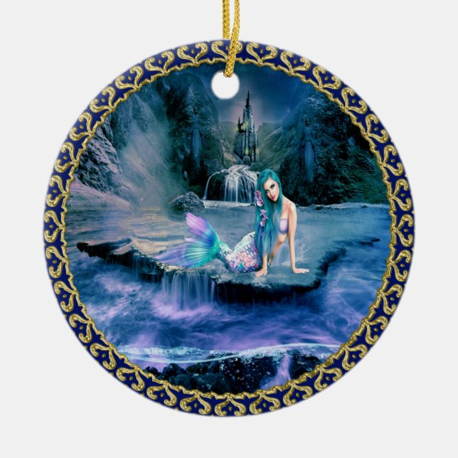 Sjöjungfru med turkoshår julgransprydnad keramik (Framsidan)