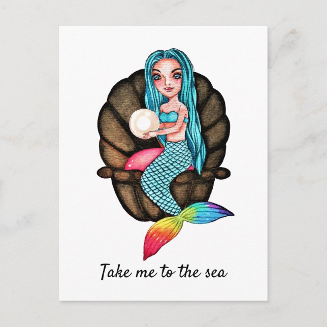 Sjöjungfru med vattenfärgsgrafik i sidled vykort (Framsida)