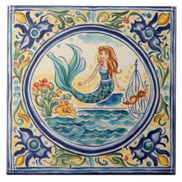 Sjöjungfru Mediterranean Folk Art Kakelplatta