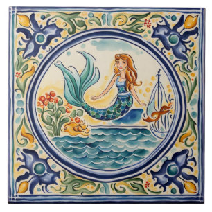 Sjöjungfru Mediterranean Folk Art Kakelplatta
