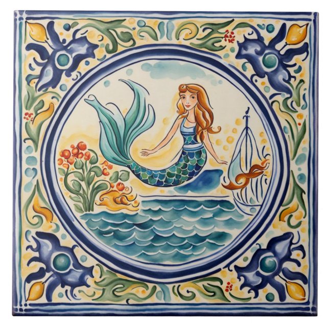 Sjöjungfru Mediterranean Folk Art Kakelplatta (Framsidan)