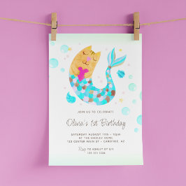 Sjöjungfru MerCat Cute Watercolor 1:a födelsedagen Inbjudningar