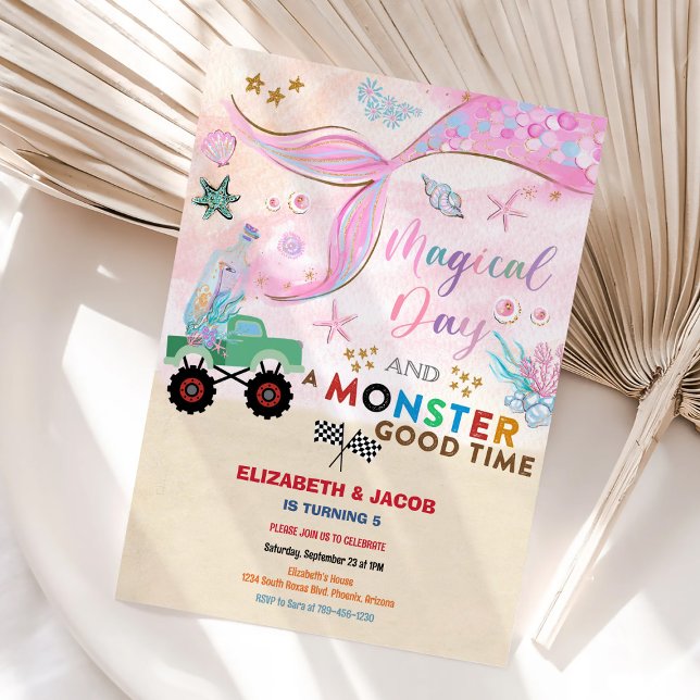 Sjöjungfru & Monstertruck Födelsedagsinbjudan Inbjudningar (Skapare uppladdad)
