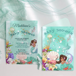 Sjöjungfru Mörk Hair Baby Shower Cute Grönt Inbjudningar