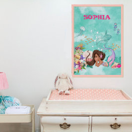 Sjöjungfru Mörkt Hår Rosa Sjöstjärna Söt Personlig Poster
