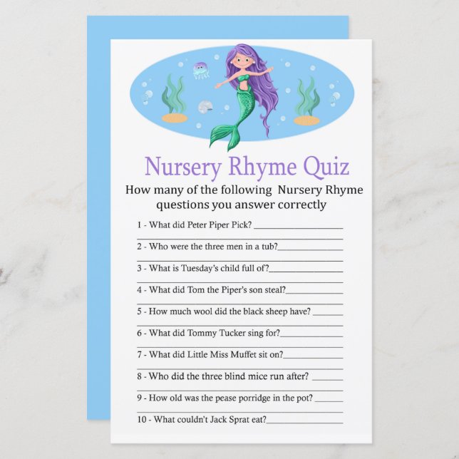 Sjöjungfru Nursery Rhyme Quiz babyduschspel (Fram/baksida)