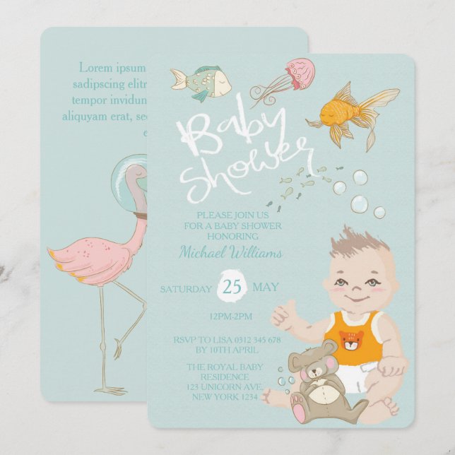 Sjöjungfru Ocean Boy-inbjudan Blue Baby Shower Inbjudningar (Fram/baksida)