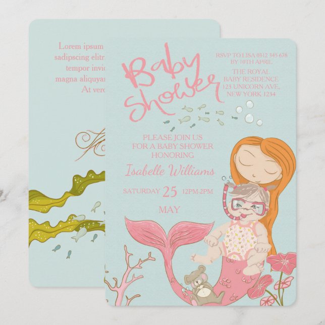 Sjöjungfru Ocean Girl Rosa Baby Shower-inbjudan Inbjudningar (Fram/baksida)