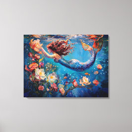 Sjöjungfru och blommor under Wrapped Canvas