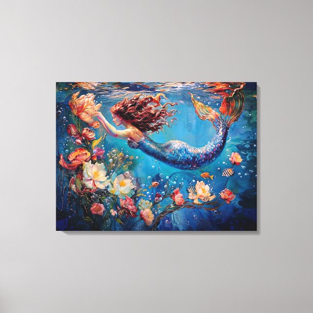 Sjöjungfru och blommor under Wrapped Canvas (Framsida)