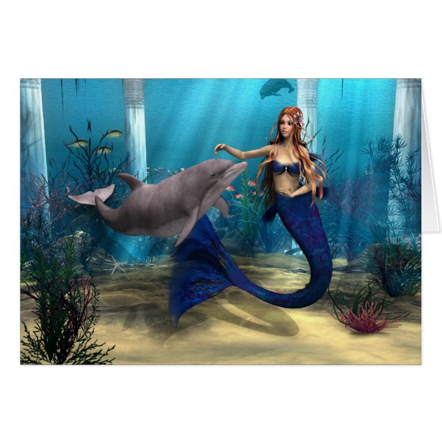 Sjöjungfru och delfin hälsningskort (Framsidan Horizontal)