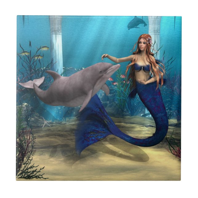 Sjöjungfru och delfin kakelplatta (Framsidan)