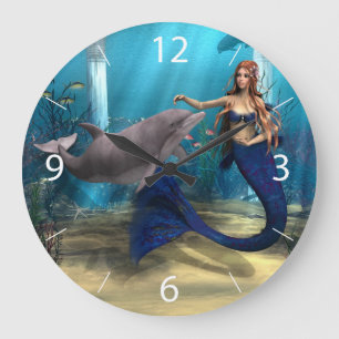 Sjöjungfru och delfin stor klocka