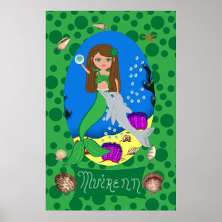 Sjöjungfru och delfinutskrift av grönt poster