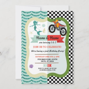 Sjöjungfru och Dirt Bike Joint Boy Birthday Inbjud Inbjudningar