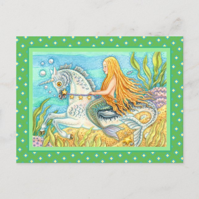 SJÖJUNGFRU- OCH HAVSTALLION, WHIMSICAL FANTASY UNI VYKORT (Framsida)