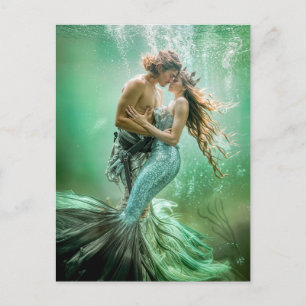 Sjöjungfru och Merman Couple Underwater Embrace Helg Vykort