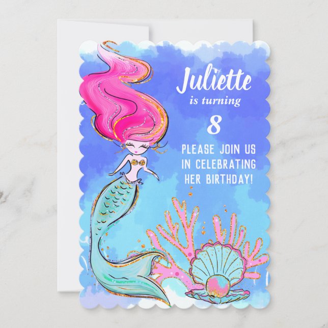 Sjöjungfru Och Pärlmussla Födelsedagsfest Inbjudan (Framsida)