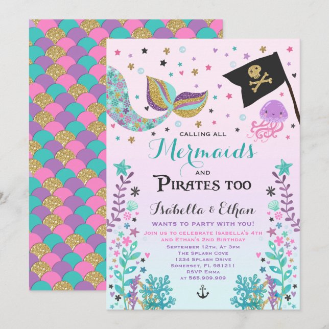 Sjöjungfru och Pirat födelsedag Syskon Boy Girl In Inbjudningar (Fram/baksida)