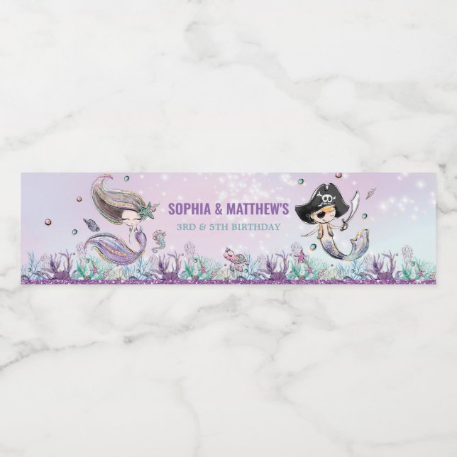 Sjöjungfru och Pirat Födelsedagsfest under havet Vattenflaskor Etikett (Singel etikett)