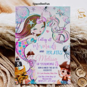 Sjöjungfru och Pirater födelsedagsinbjudan Unicorn Inbjudningar