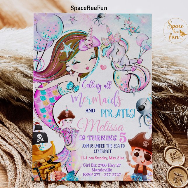 Sjöjungfru och Pirater födelsedagsinbjudan Unicorn Inbjudningar (Skapare uppladdad)