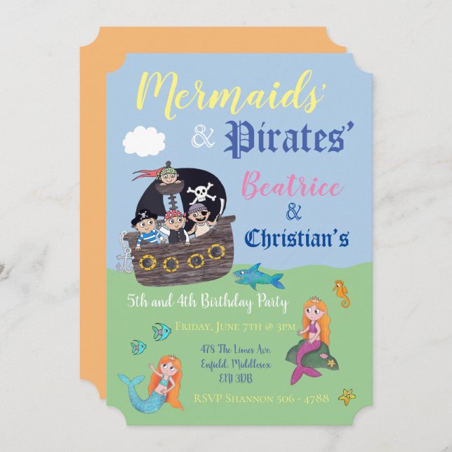 Sjöjungfru och piratfestinbjudan inbjudningar (Fram/baksida)