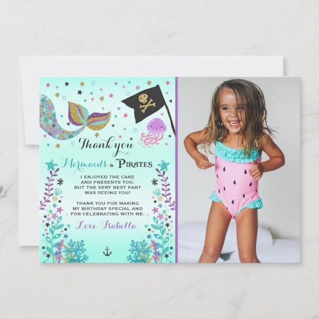 Sjöjungfru- och pirattackkort tack kort (Framsida)