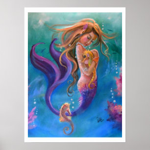 Sjöjungfru och Seahorses som är färgrika Poster