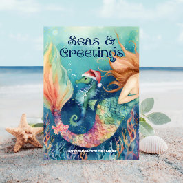 Sjöjungfru och sjöhäst jultomte julkort