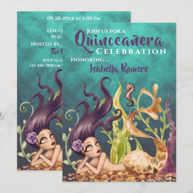 Sjöjungfru och sjöhäst under Sea Quinceañera Inbjudningar (Fram/baksida)