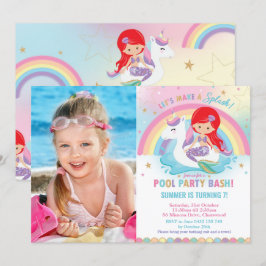 Sjöjungfru och Unicorn Bassäng Födelsedagsfest Pho Inbjudningar