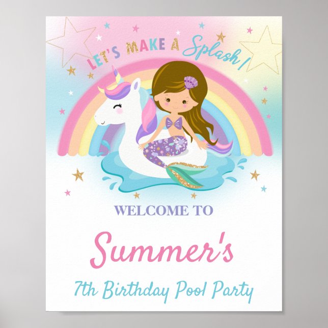 Sjöjungfru och Unicorn Bassäng Födelsedagsfest Väl Poster (Framsidan)